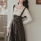 Snowy Plaid Twofer Suspender Midi Dress (Cream/Brown)