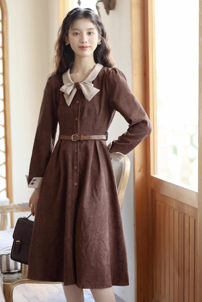 Bow Collar Corduroy Button Down Dress (Chocolate)