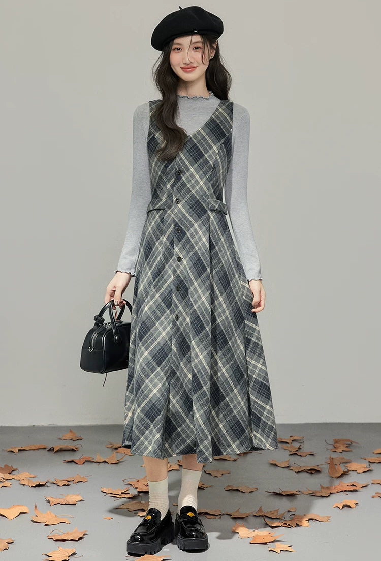 Midnight Plaid Pinafore Midi Dress (Grey)