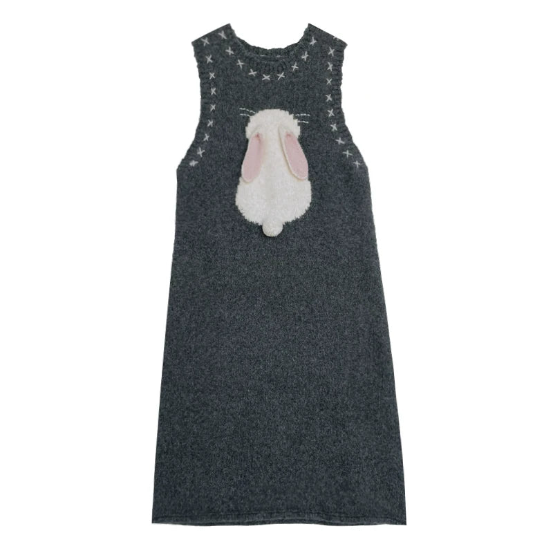 Bunny Tail Sleeveless Sweater Dress (Gray)