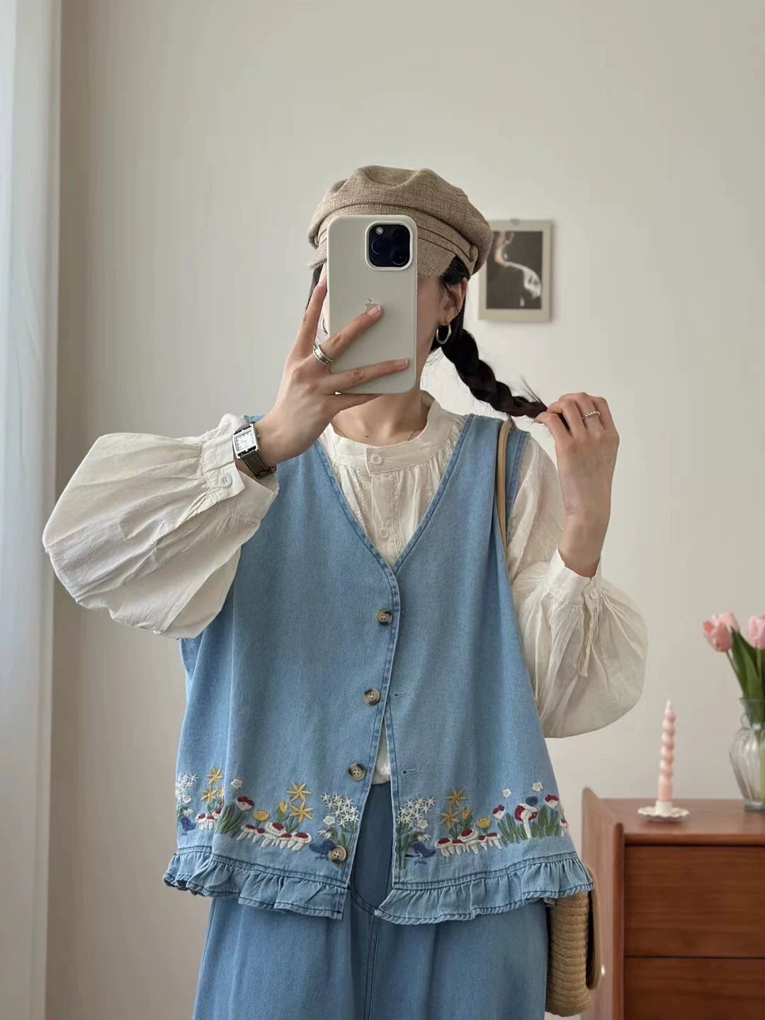 Forest Floor Embroidered Denim Vest (2 Colors)