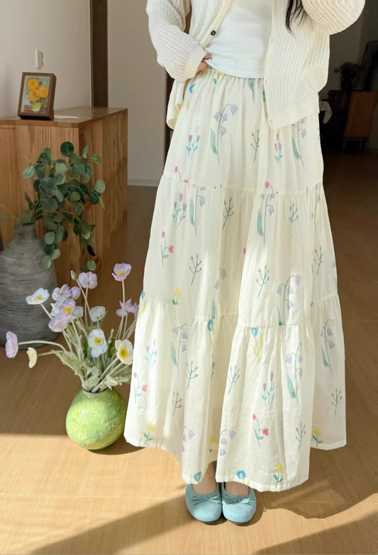 Pastel Watercolor Floral Midi Skirt (Cream)