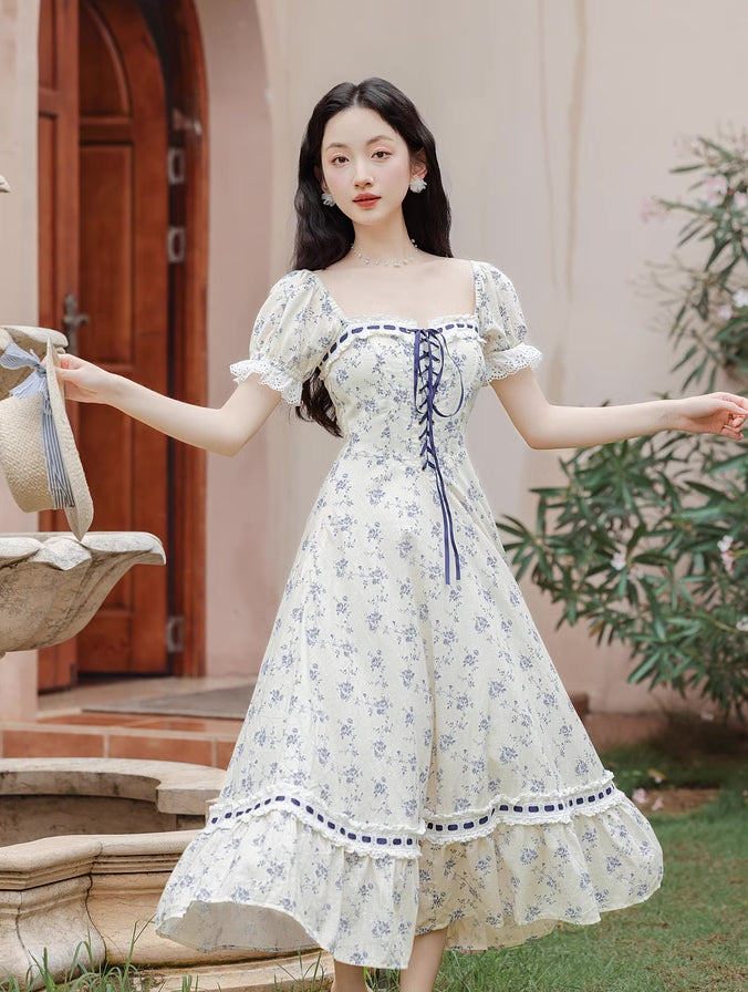 Porcelain Rose Lace Up Midi Dress (White/Blue)