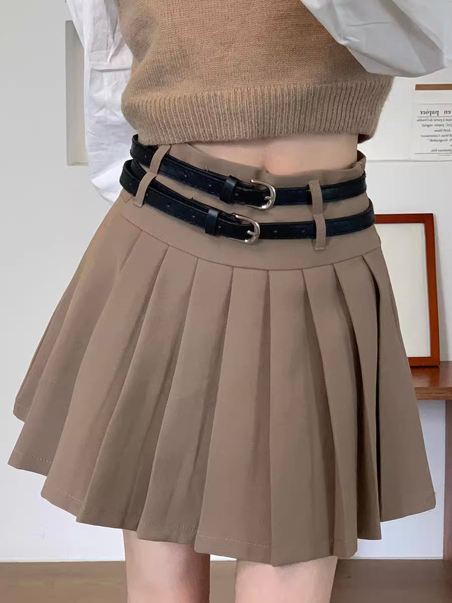 Double Belted Pleated Mini Skirt (5 Colors)