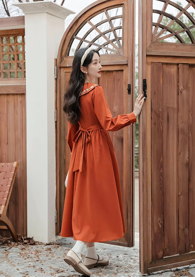 Autumn Floral Shawl Collar Midi Dress Burnt Orange