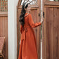 Autumn Floral Shawl Collar Midi Dress (Burnt Orange)