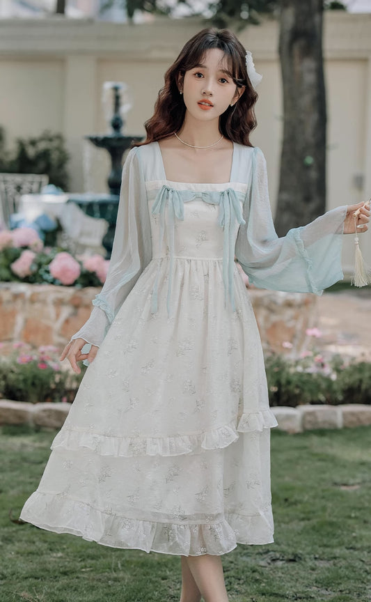 Sakura Hanfu Midi Dress (White/Blue)