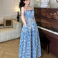 Vintage Gingham Floral Cami Dress (Blue)