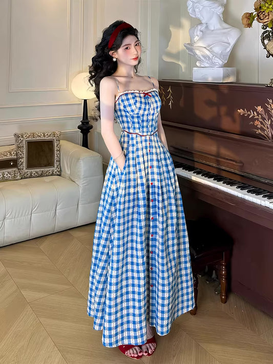 Vintage Gingham Floral Cami Dress (Blue)