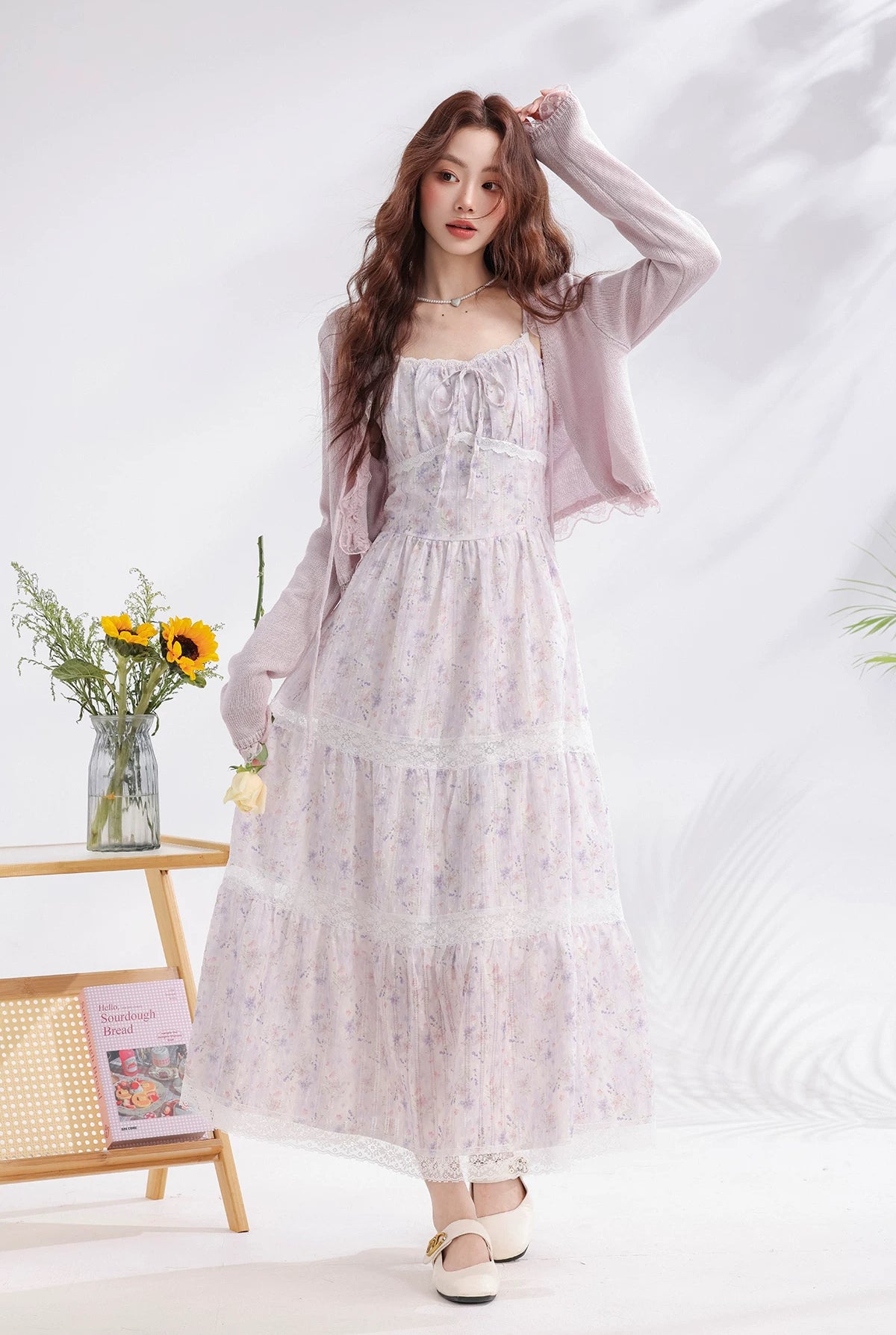 Iris Floral Lace Midi Cami Dress & Cardigan (Purple)