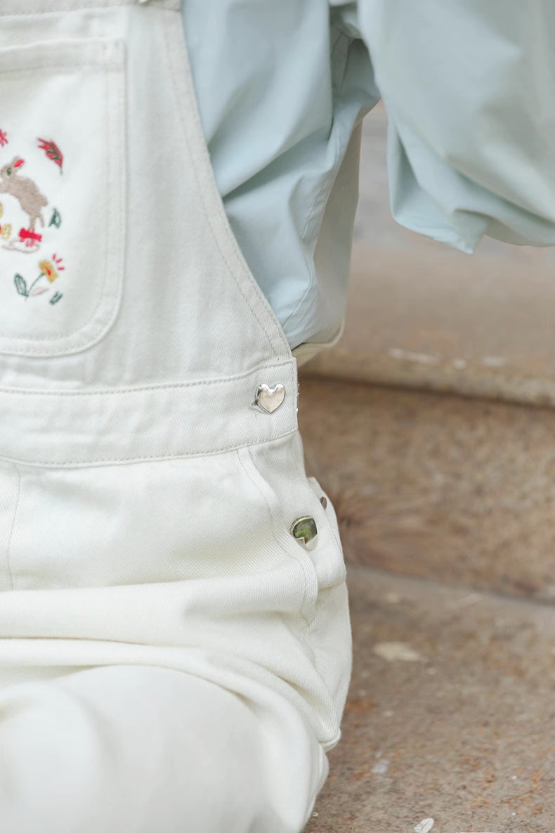 Sun Shining Embroidered Overalls (White)