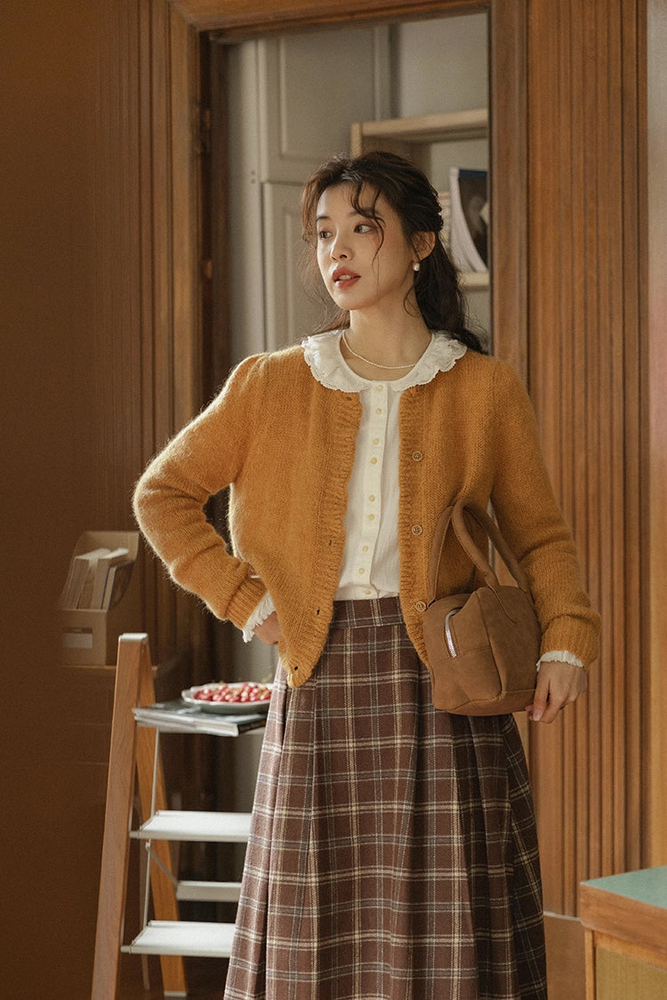 Round Neck Knitted Cardigan (Pumpkin Mustard)