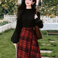 Lingonberry Plaid Asymmetrical Midi Skirt (Red/Black)