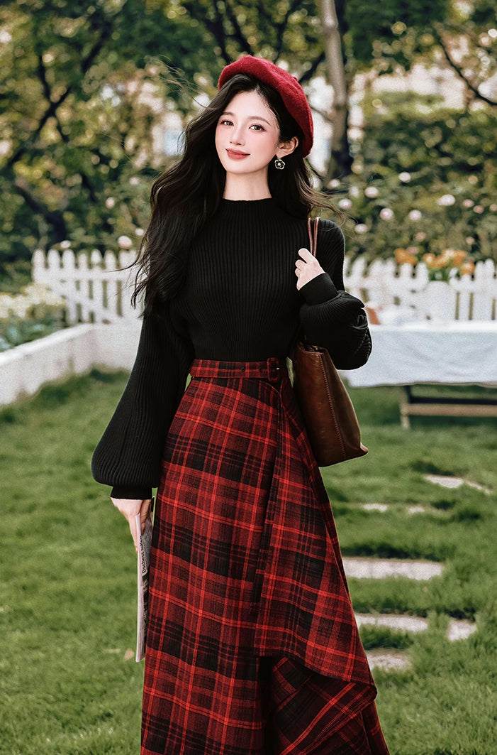 Lingonberry Plaid Asymmetrical Midi Skirt (Red/Black)