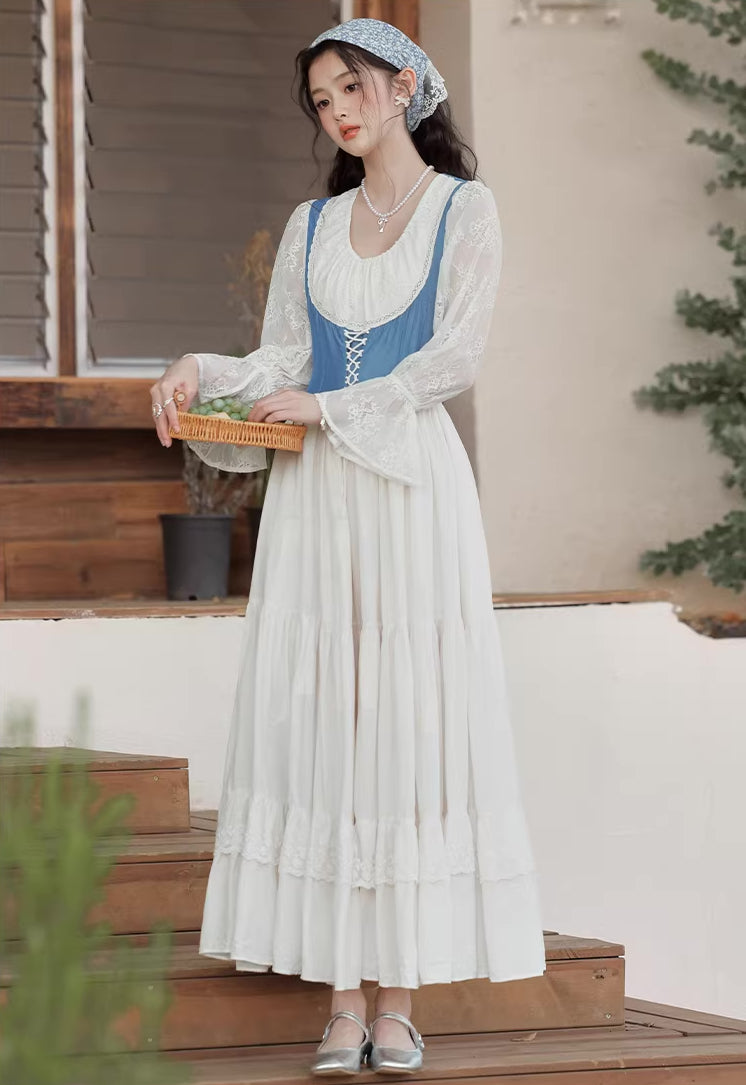 Belle Twofer Corset Peasant Maxi Dress (White/Blue)