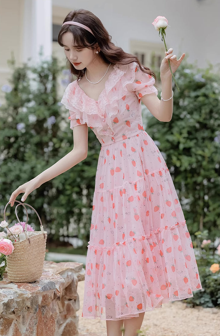 Strawberry Girl Midi Dress (Pink)