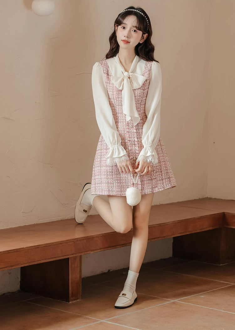 Tie Neck Tweed Mini Shift Dress (Pink)