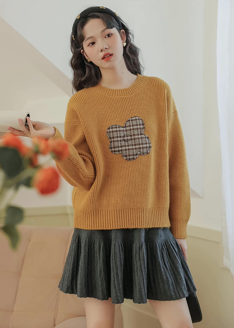 Plaid Flower Sweater (Mustard)
