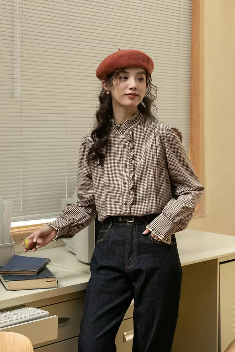 Gingham Plaid Ruffle Blouse (Coffee)