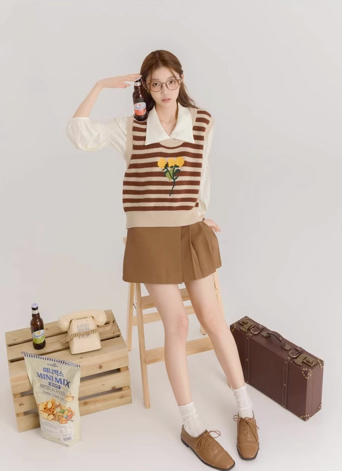 Half Pleated Mini Skirt (Brown)