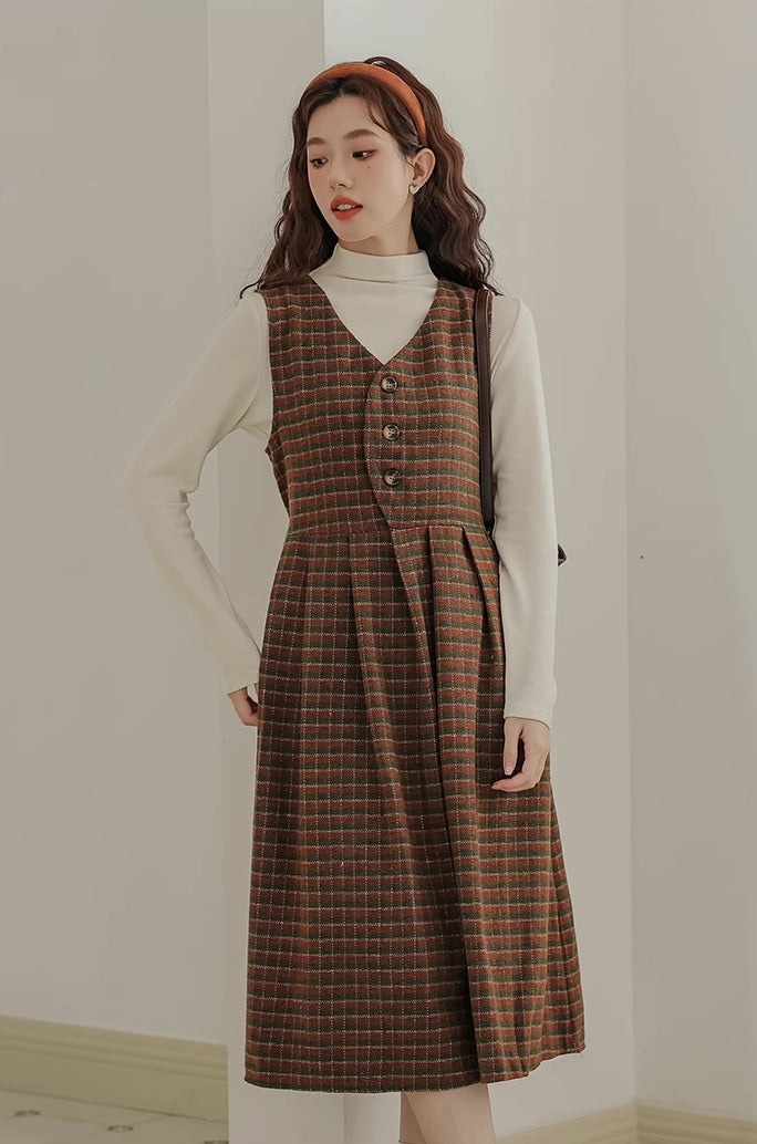 Fallen Leaves Plaid Pinafore Dress Set (Brown)