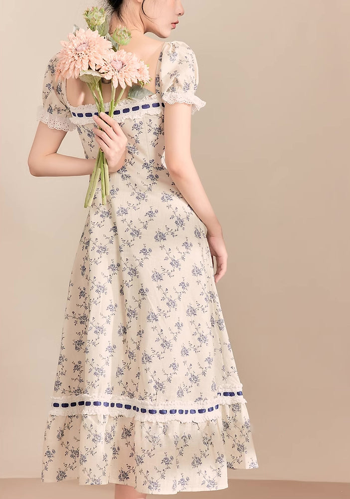 Porcelain Rose Lace Up Midi Dress (White/Blue)