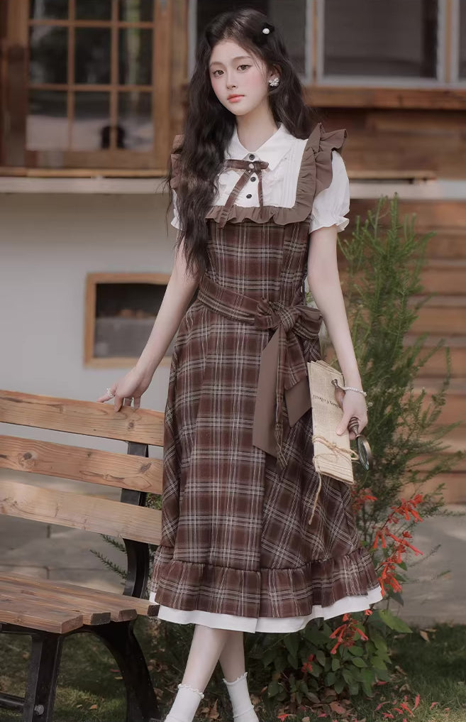 Hazel Plaid Flutter Twofer Midi Dress (Brown)