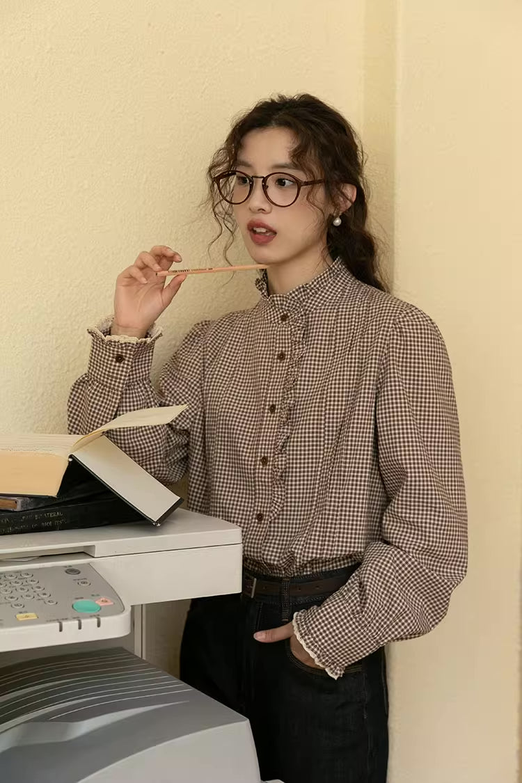 Gingham Plaid Ruffle Blouse (Coffee)