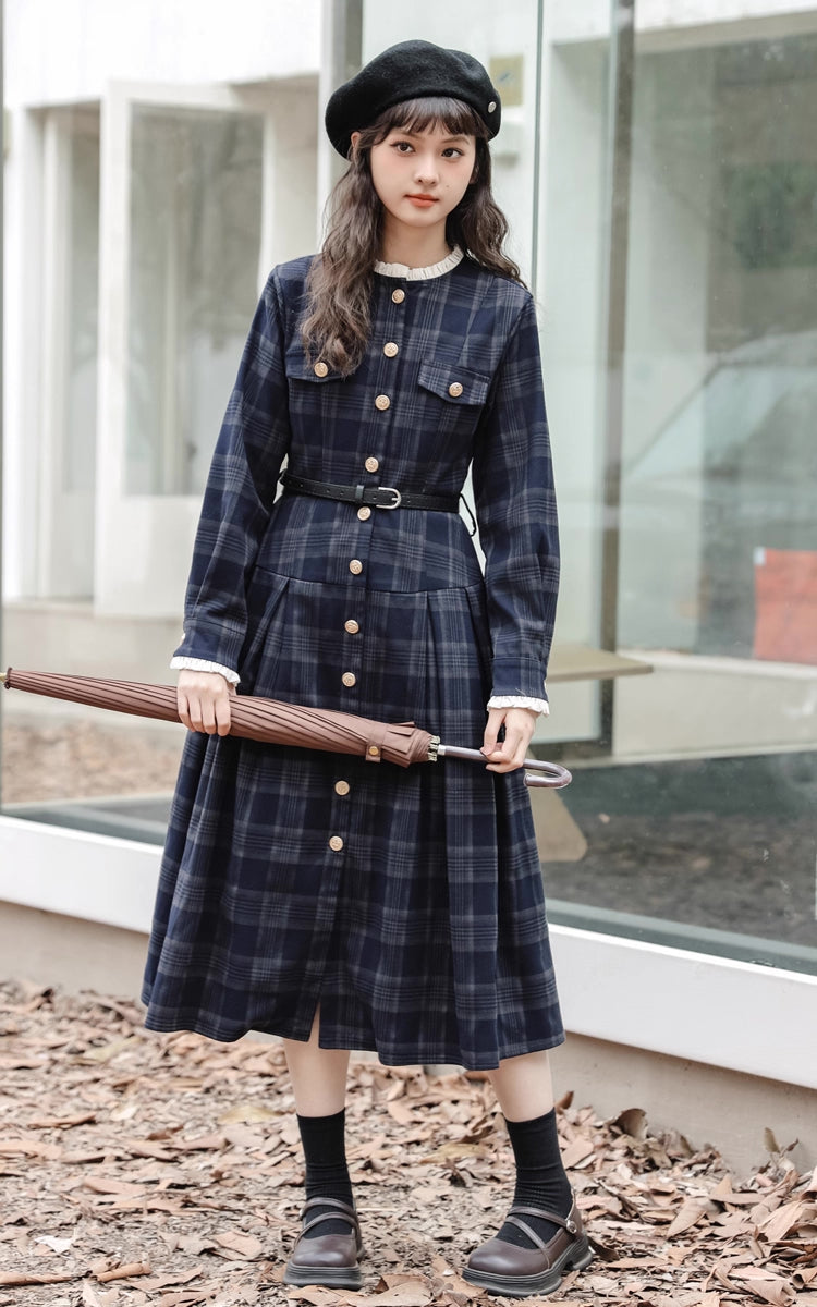 Academia Plaid Button Midi Dress (Navy)