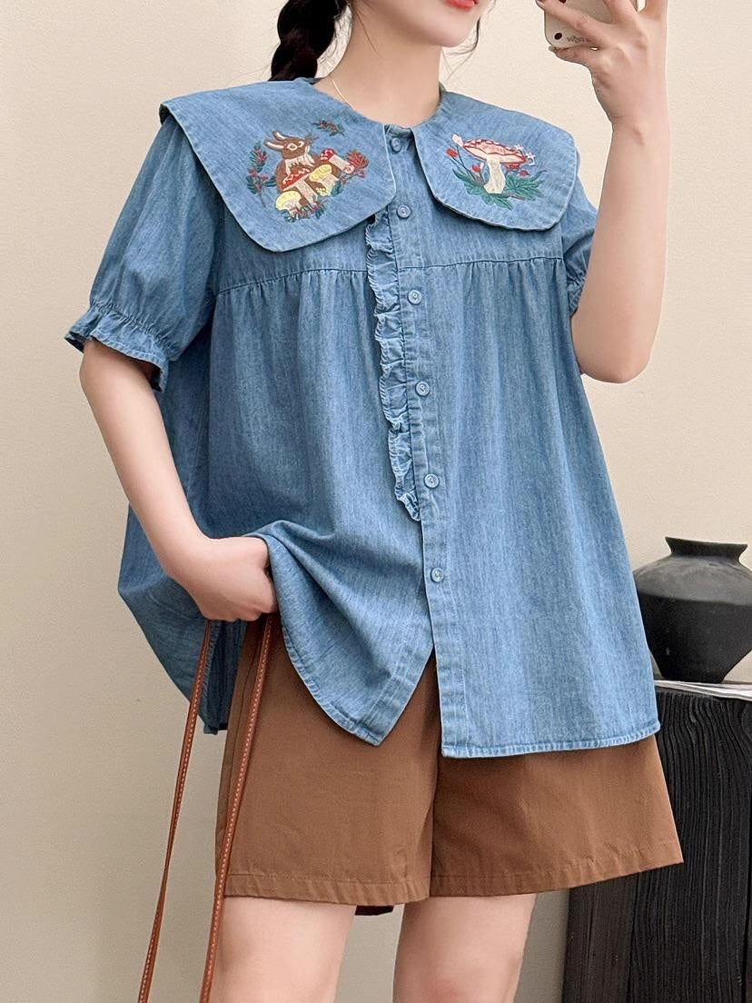 Mushroom Bunny Denim Blouse (2 Colors)