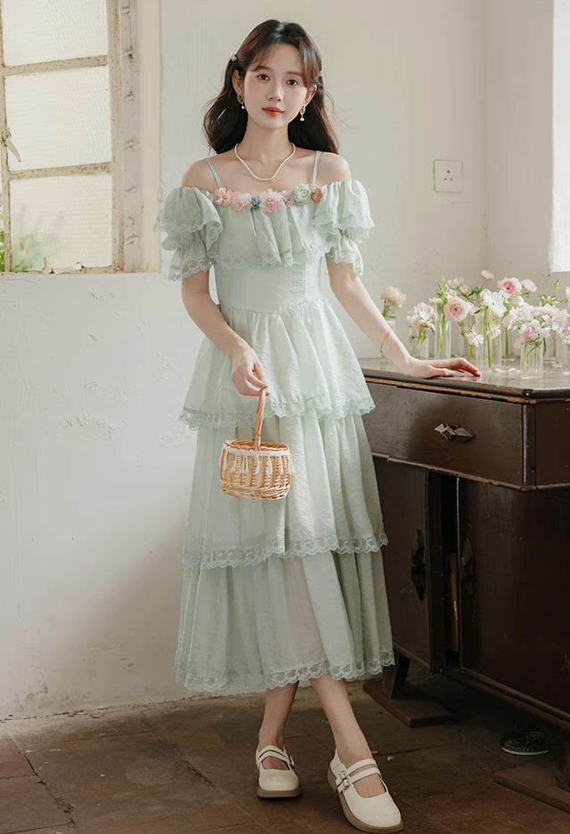 Garden Fairy Tiered Cold Shoulder Midi Dress (Mint Green)