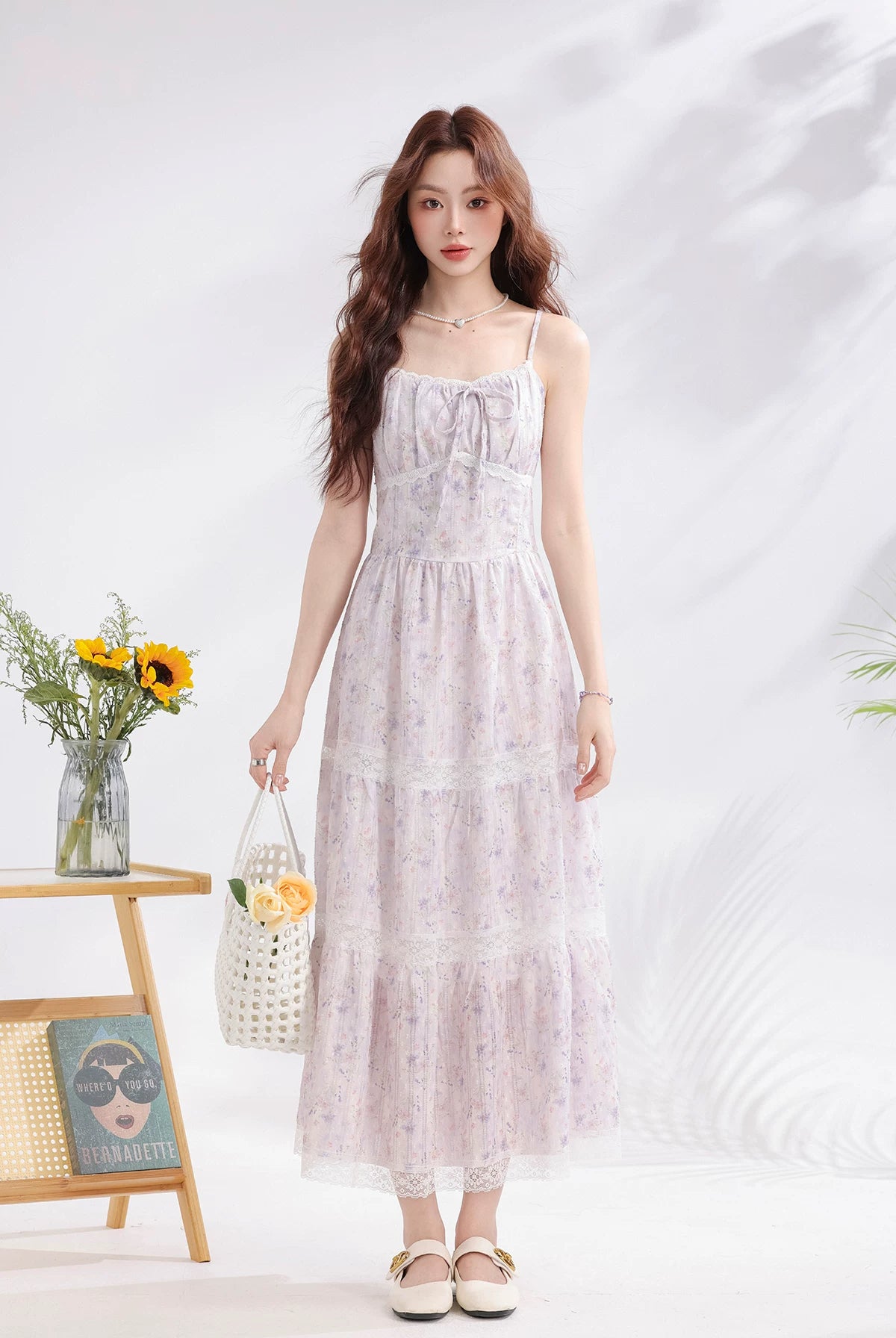 Iris Floral Lace Midi Cami Dress & Cardigan (Purple)