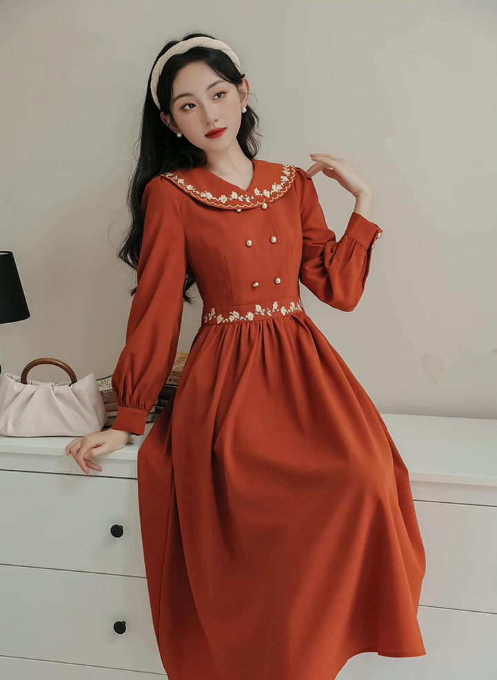 Autumn Floral Shawl Collar Midi Dress (Burnt Orange)