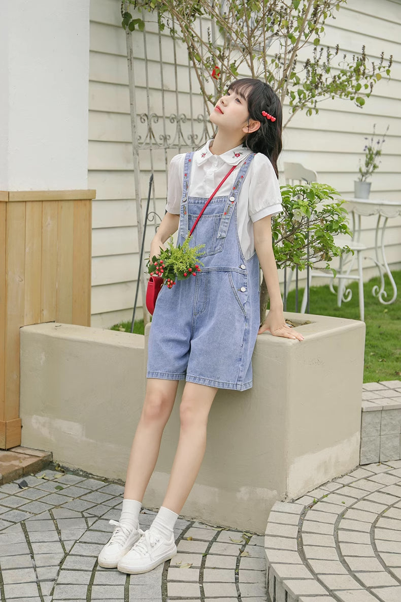 Rosy Days Embroidered Short Overalls (Light Denim)