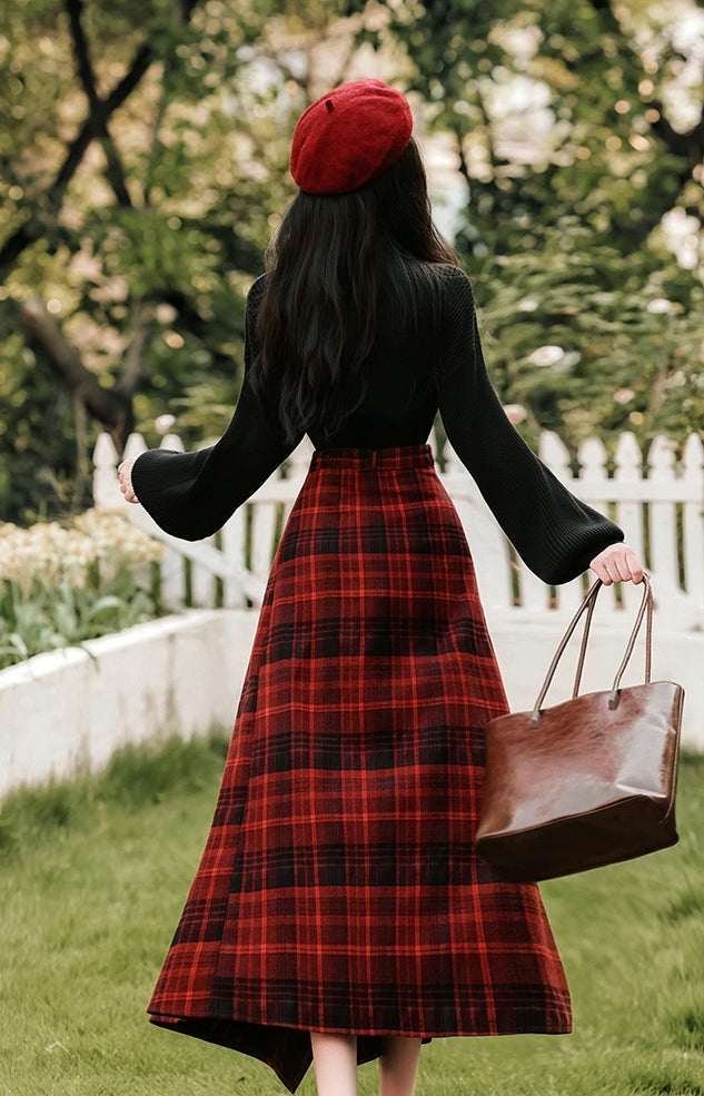 Lingonberry Plaid Asymmetrical Midi Skirt (Red/Black)