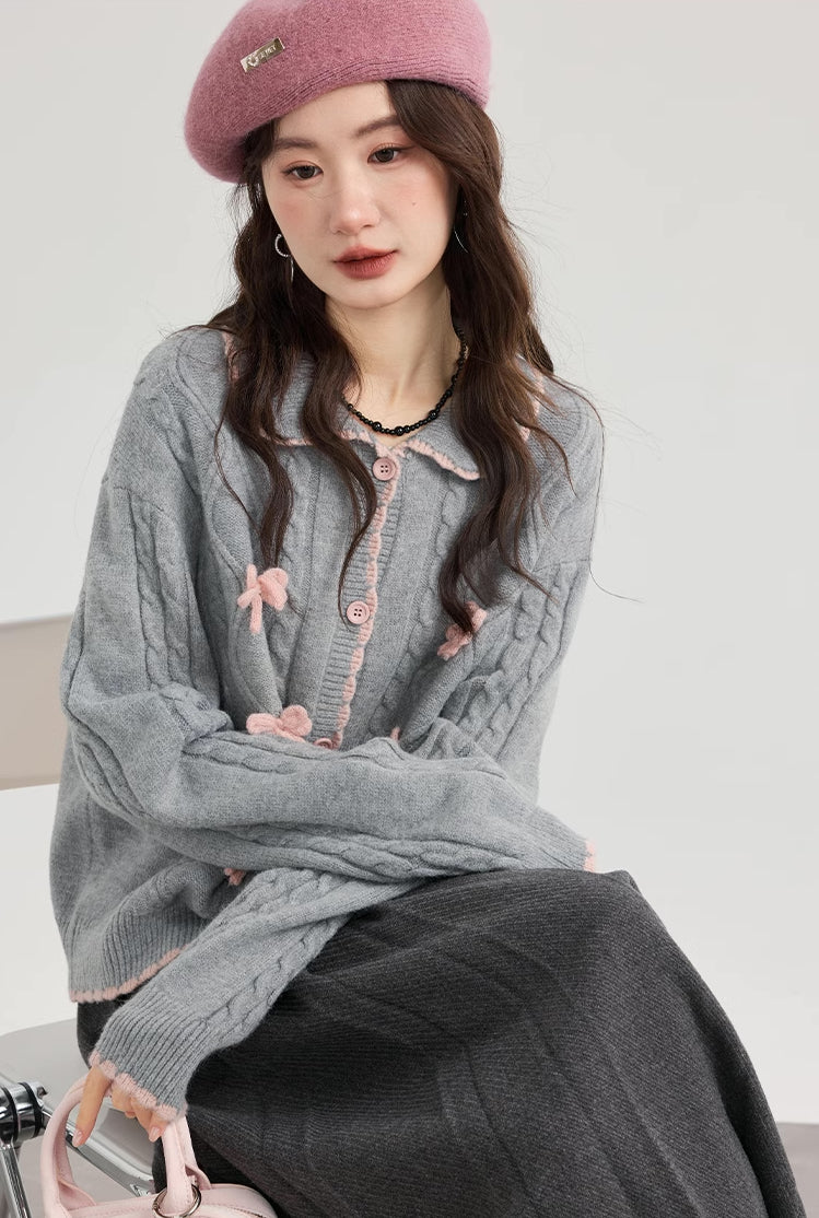 Braided Knit Bows Cardigan (Gray)