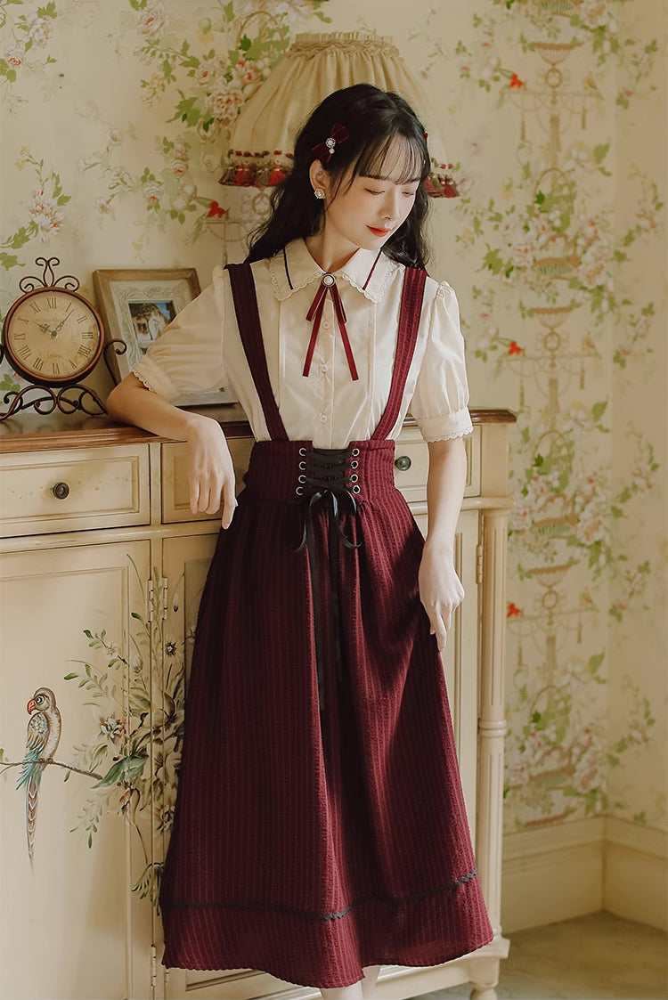 Short Sleeve Crepe Suspender Skirt Set (Maroon)