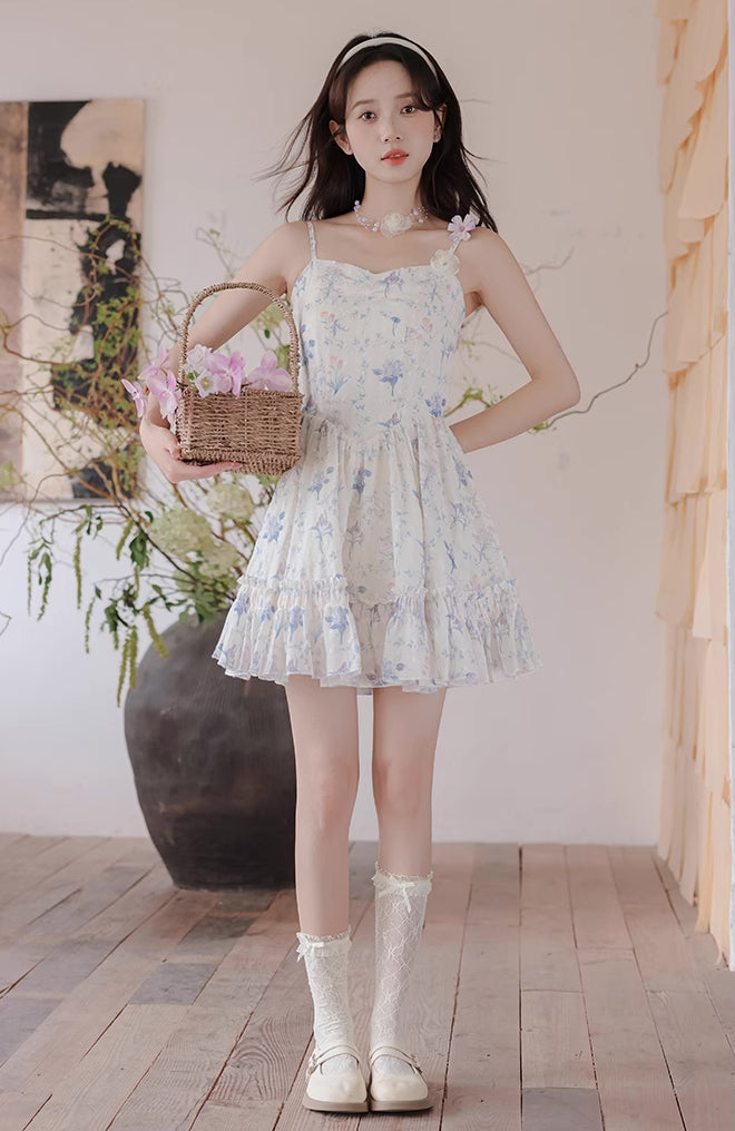 Sweet Floral Mini Dress (White/Purple)