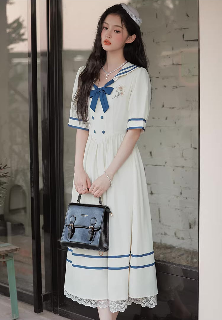 Sailor Girl Midi Dress (White/Blue)