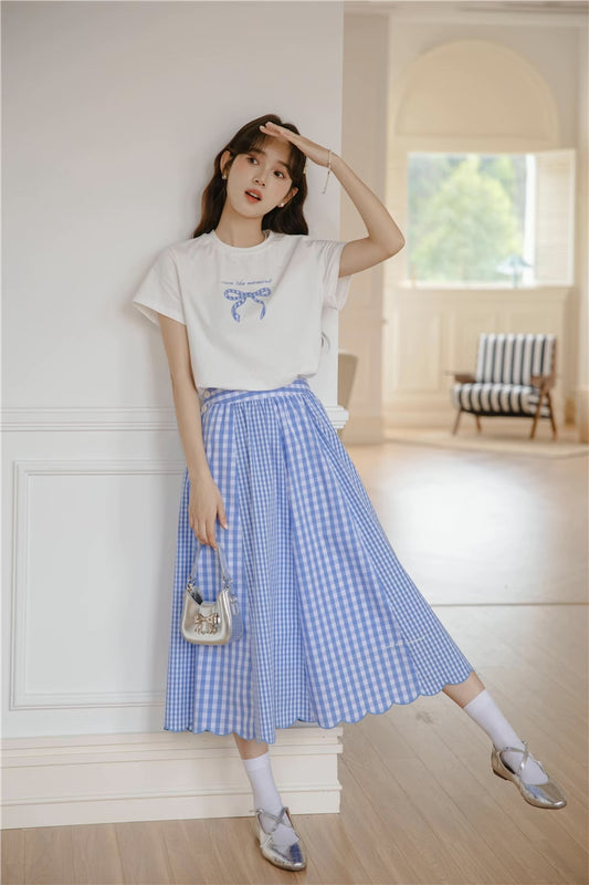 Gingham Scallop Midi Skirt (Blue)