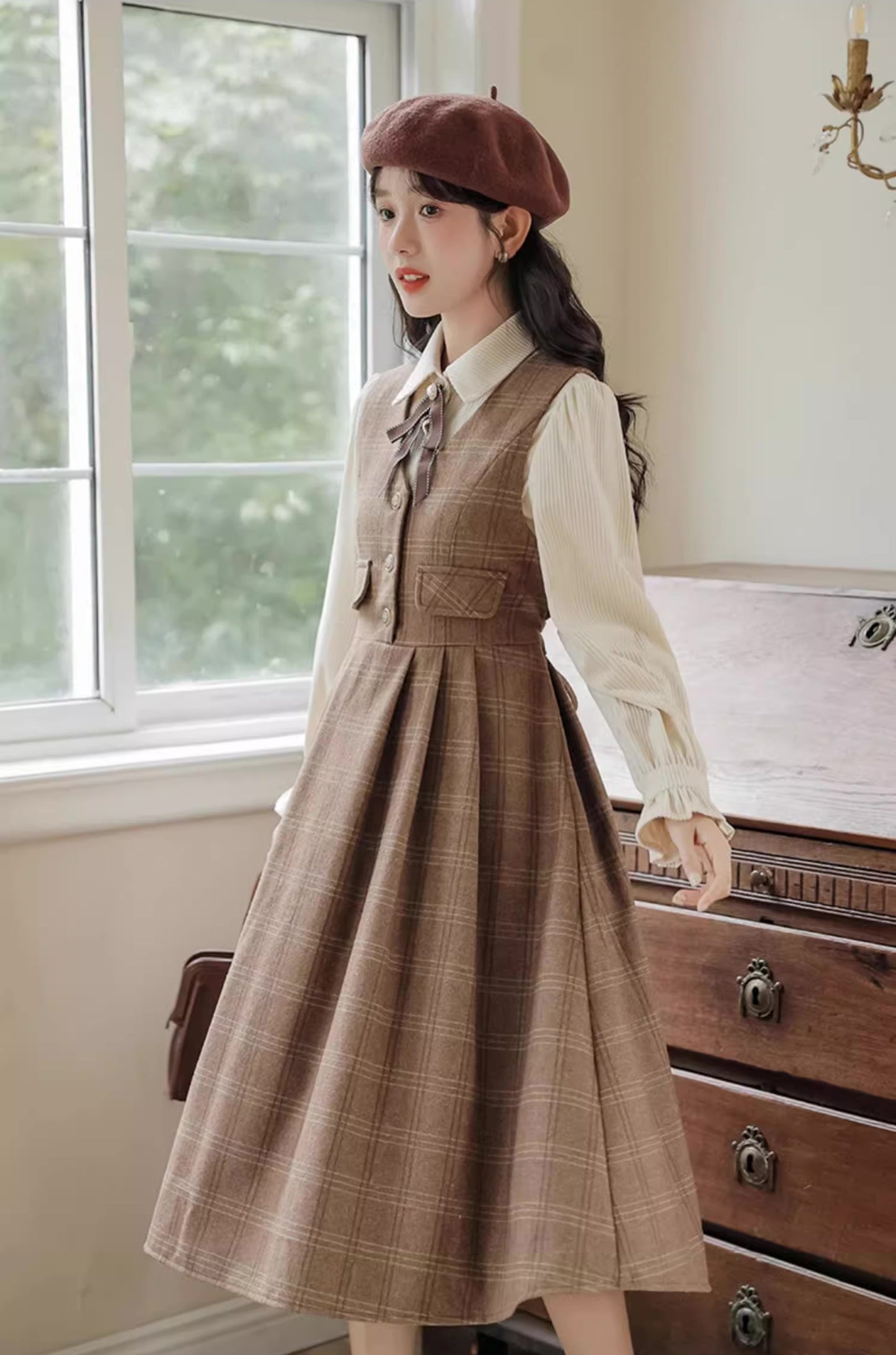 Acorn Plaid Tweed Midi Pinafore Dress (Brown)