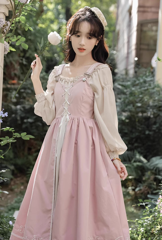 Two-Piece Corset Peasant Dress (Pink/Cream)