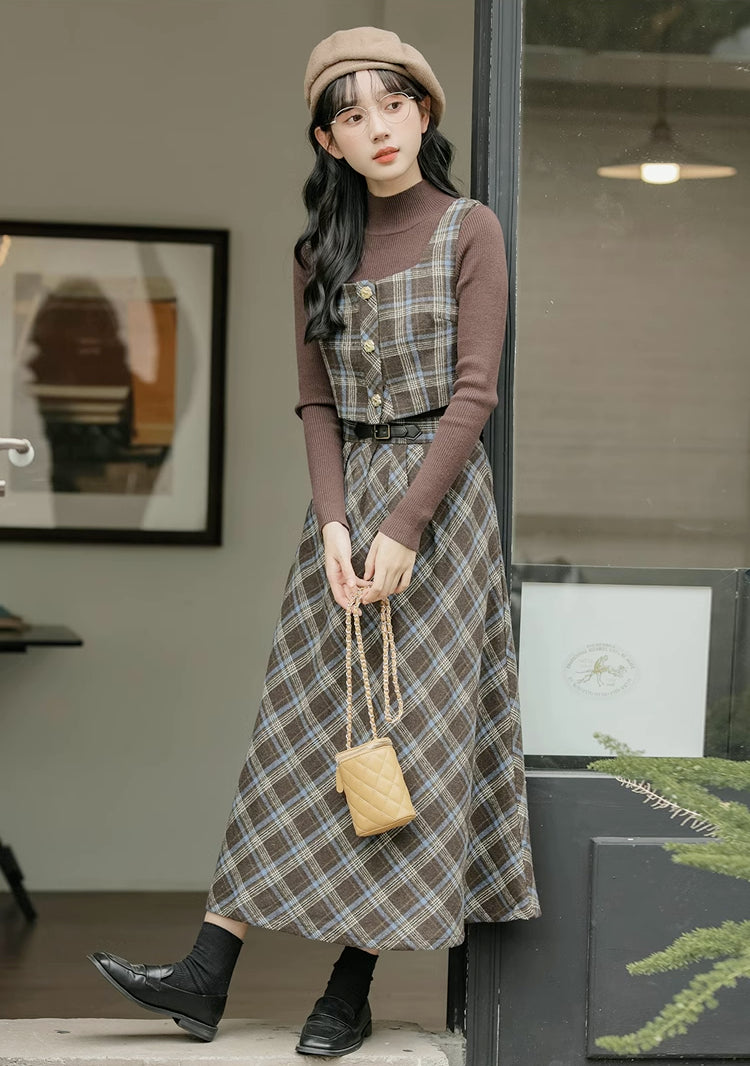 Mint Mocha Plaid Two-Piece Midi Set (Brown)