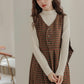 Fallen Leaves Plaid Pinafore Dress Set (Brown)