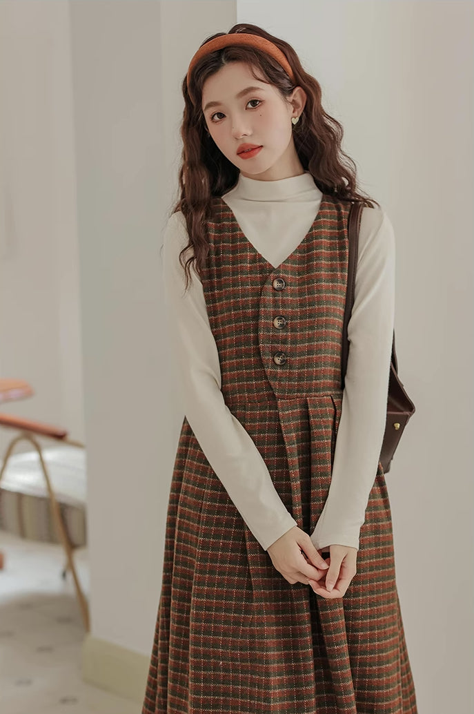 Fallen Leaves Plaid Pinafore Dress Set (Brown)