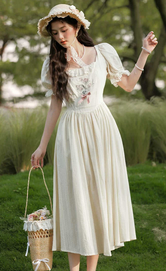 Cottage Flower Midi Dress (Cream)