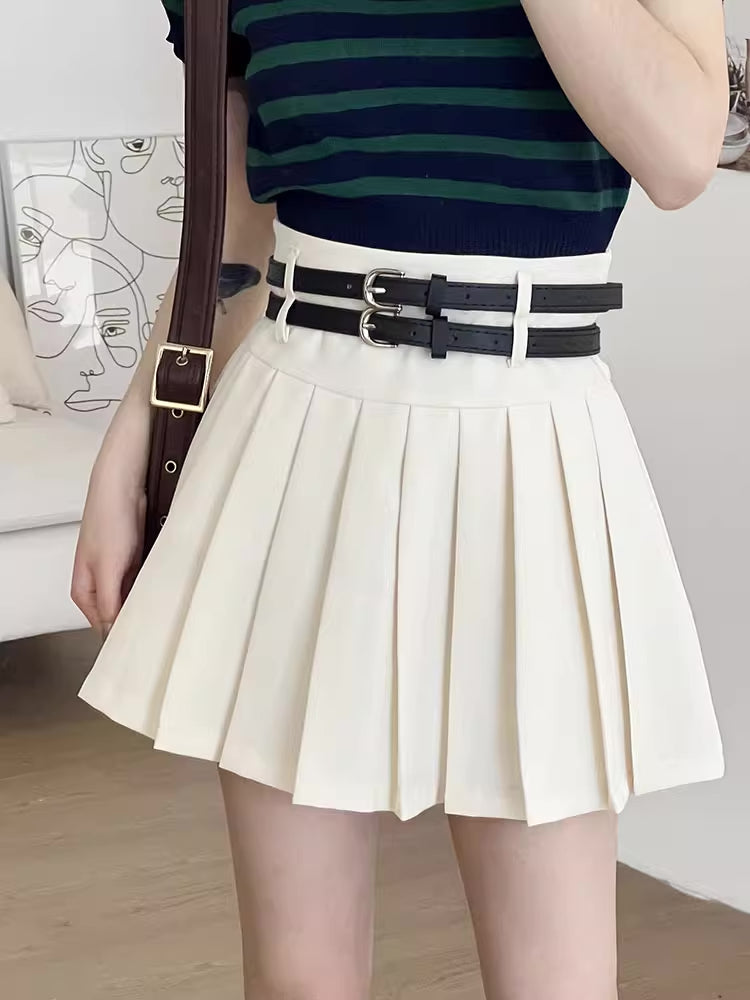 Double Belted Pleated Mini Skirt (5 Colors)