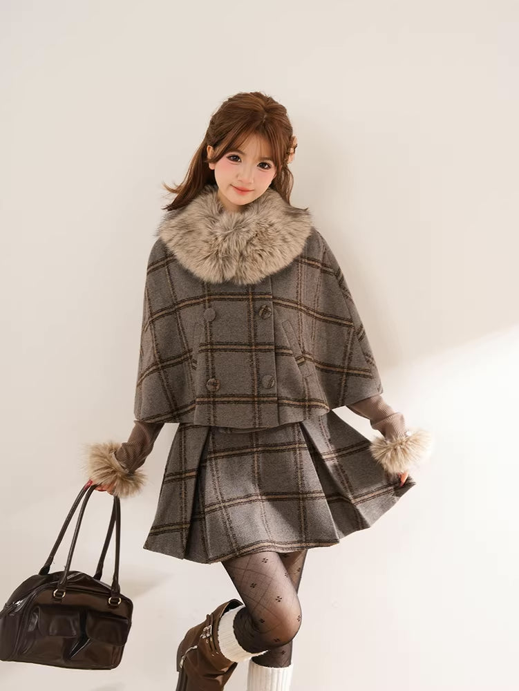 Library Plaid Capelet & Mini Skirt Set (Grey)