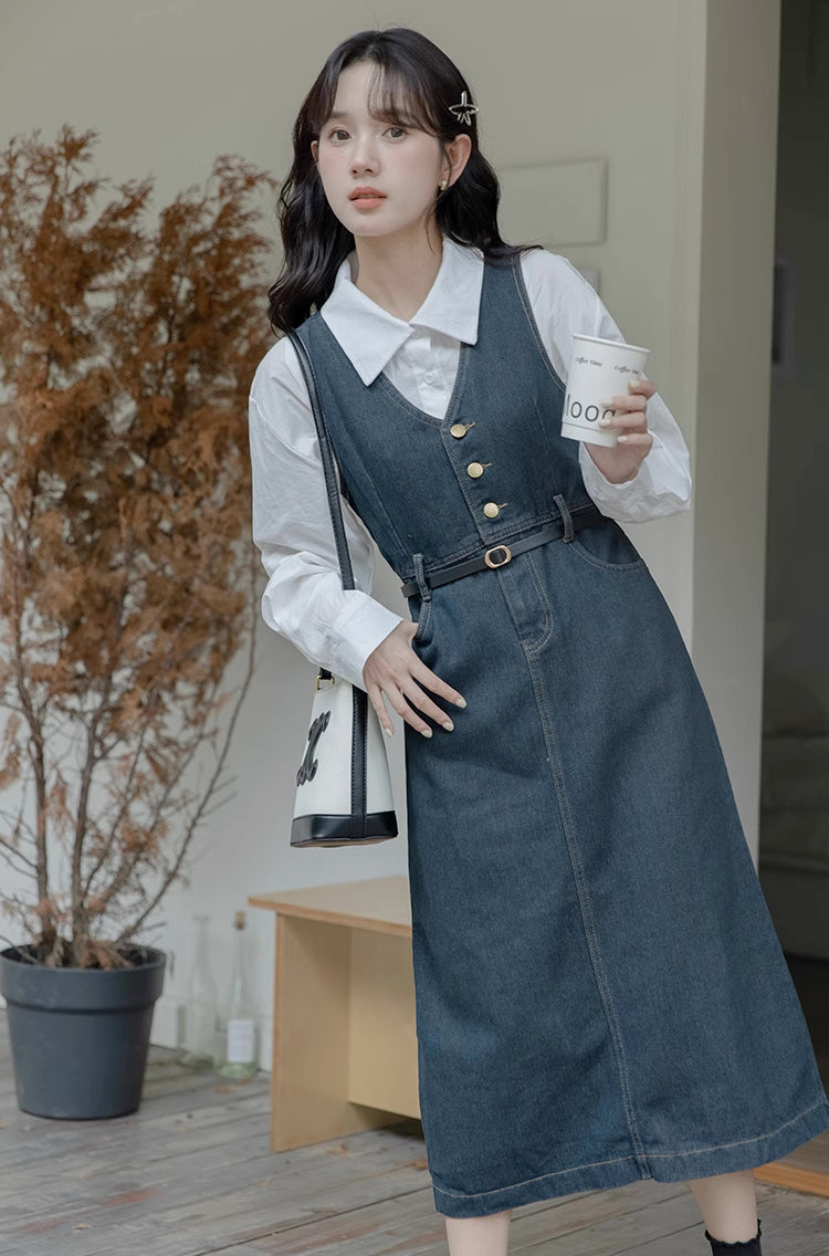 Denim Midi Pinafore (Dark Blue)