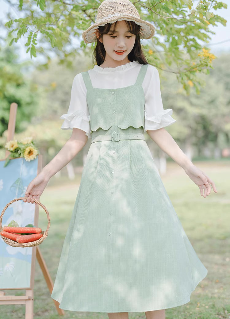 Button Stripe Midi Dress (Green)